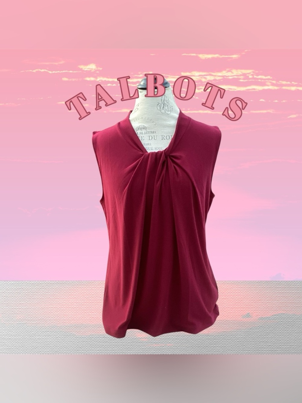 TALBOTS TOP Sleeve less XL deep red knot neckline